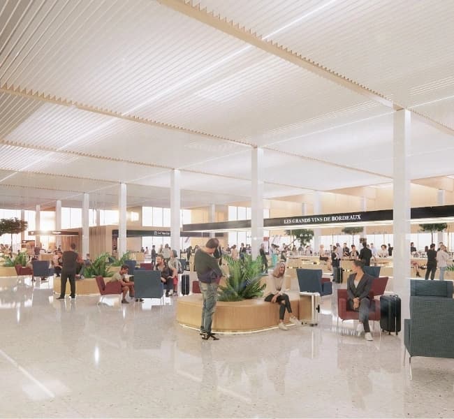 Le futur hall central de Bordeaux Aéroport, avec ses espaces de vie lumineux et ouverts.