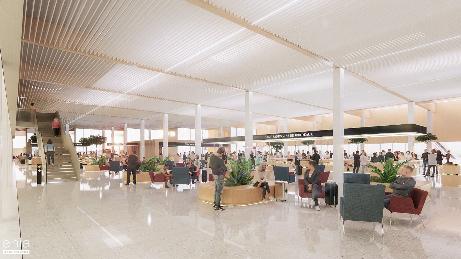 Projection du futur lieu de vie de Bordeaux Aéroport : un hall lumineux, ouvert sur les commerces et les espaces d’attente.