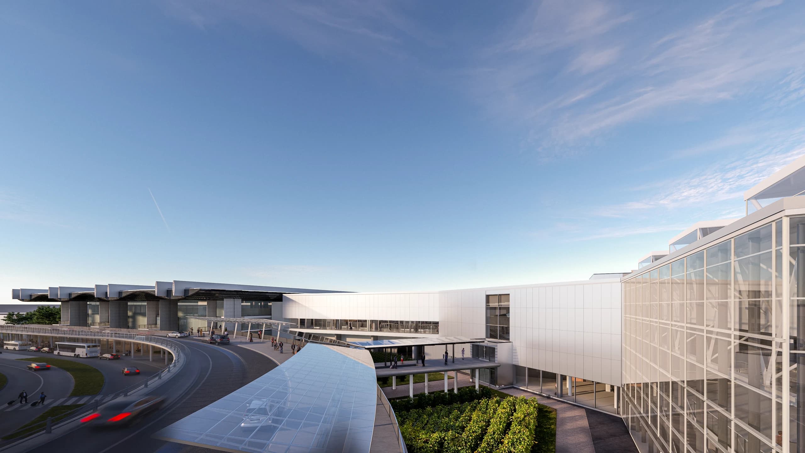 La future façade côté ville, reliant les deux halls historiques de Bordeaux Aéroport.