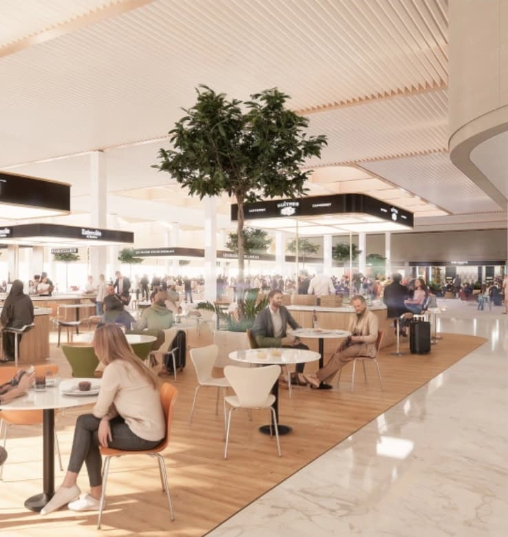 Cafés et espaces de convivialité au cœur du futur aéroport.