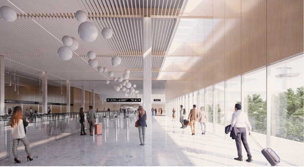 Le futur hall lumineux, avec de larges circulations et une façade vitrée.