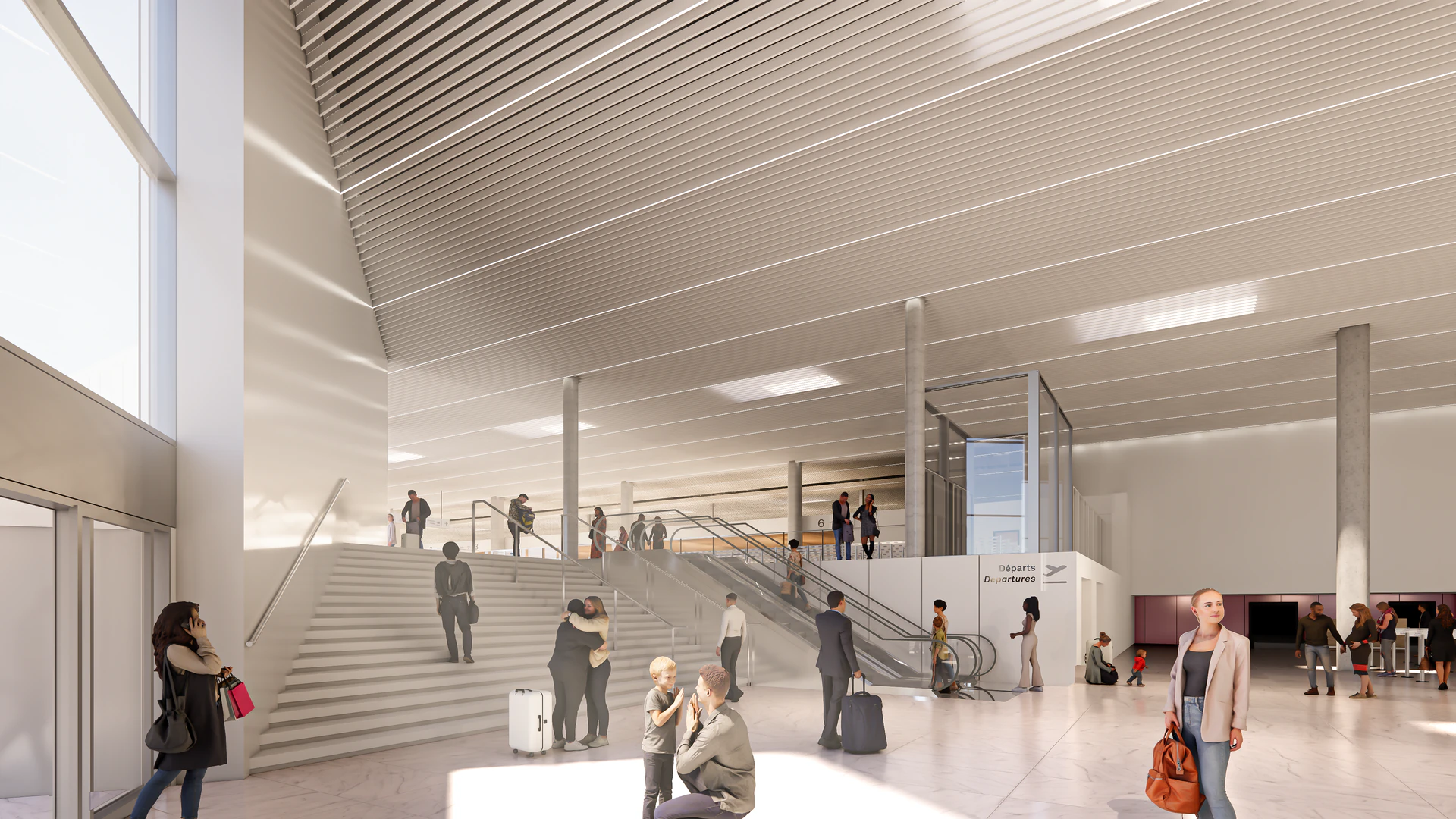 Vue du futur hall central avec escalier et espaces de départ